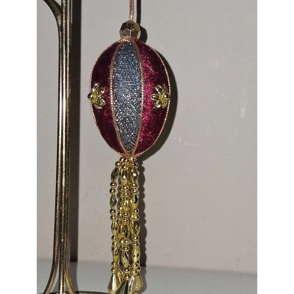Vintage Handmade Beaded Tassel Christmas Ornament Burgundy Silver Gold 6